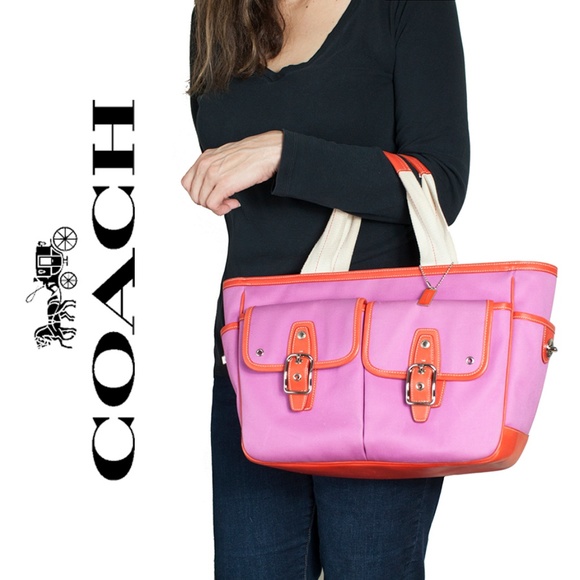 COACH Handbags - Coach Hampton Tote, Pink Canvas + Red Leather